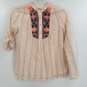 Holding Horses Women’s Embroidered Coral/Cream Striped Popover Blouse Size Small